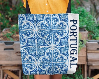 Portugal tote, Portuguese Azulejos tile tote, Portuguese pride, Blue Mediterranean tile bag, Custom beach bag, Personalized shopping tote