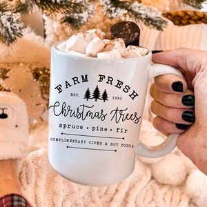 Farm fresh christmas trees mug, Christmas mug, Christmas coffee cup,Christmas lover mug, Pine tree mug,Hot cocoa mug,Apple cider Holiday mug image 1