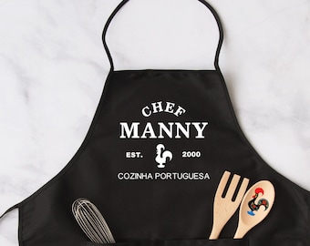 Portuguese Chef Black Apron, Apron with Pockets, Portuguese Kitchen Decor, Barcelos Rooster, Unisex Apron, Portugal Gifts
