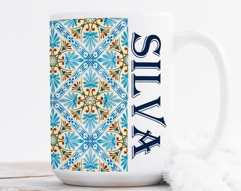 Personalized Portuguese Azulejo mug, Portugal Gifts, Mediterranean Blue Tile, Custom Gifts Portugal, Tile Coffee Cup, Family Name Mug
