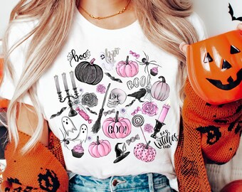 Pink Halloween tshirt, Pink Gothic glam tee, Spooky Halloween shirt, Witchy tshirt, Ghostie Boo tshirt, Skull shirt, Girly Halloween shirt
