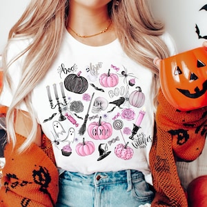Pink Halloween tshirt, Pink Gothic glam tee, Spooky Halloween shirt, Witchy tshirt, Ghostie Boo tshirt, Skull shirt, Girly Halloween shirt