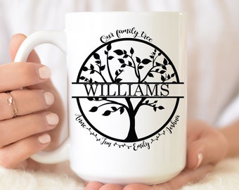 Taza del árbol de la vida, taza de café del árbol genealógico, taza familiar personalizada, taza nombres de niños, regalo de bienvenida, taza de apellido, aniversario