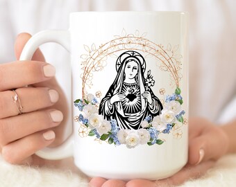 Virgin Mary Floral Mug, Religious Coffee Cup, Religious Mug, Christian Mug, Blessed Virgin, Catholic Gift, Spiritual Gifts, Catholic mug