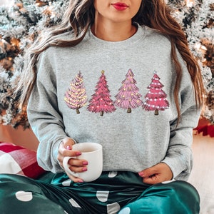 Merry Christmas womens sweatshirt, Pink Christmas trees shirt, Cute Christmas sweatshirt, Holiday sweatshirt, Christmas party shirt