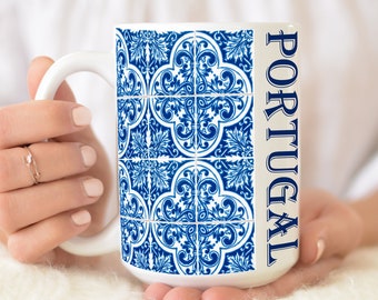 Personalized Portugal Mug, Blue Azulejo Tile, Custom Name