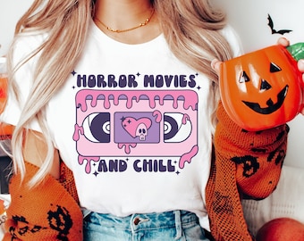 Horror movies and chill tshirt, Halloween tshirt, Pink Halloween shirt,Girly Halloween, Retro Groovy shirt, Scary movie tee, Spooky shirt