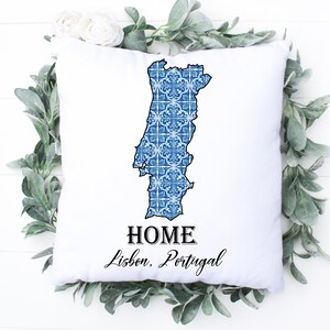 Portuguese Home Map Pillow, Blue Azulejo Pillow, Custom Accent Pillow, Portuguese Decor, Farmhouse Decor, Portuguese Gifts, Hometown Pillow