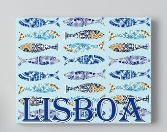 Portugal Sardine Leinwand Schild, Portugal Home Decor, Portugal Geschenke, Lissabon Schild, Blaue Leinwand Wand druck, Wandbehang Blau Azulejos Dekor