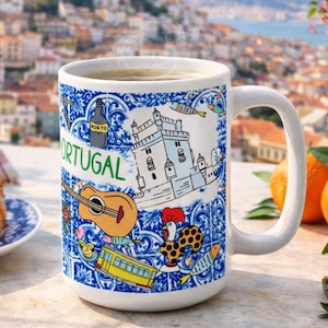 Portuguese Tile Mug, Portugal Cities, Lisbon Porto, 15oz