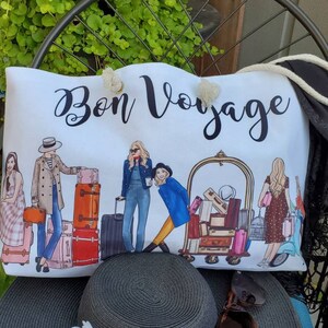 Bon Voyage Cotton Canvas Chic Beach Tote Bag Multipurpose