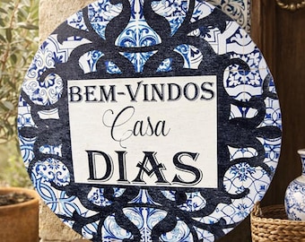 Custom Family Name Wood Sign, Blue Azulejos Tile, Portuguese Welcome Sign