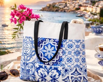 Portuguese Azulejo Tile Tote Bag, Mediterranean Blue and White Design
