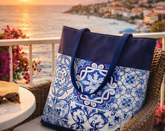 Blue Azulejo Tile Tote Bag, Portuguese Design, Beach Shopping Bag