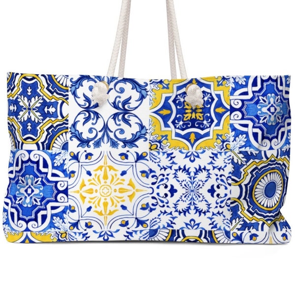 Blue Mediterranean Weekend bag, Portugal Tote, Portuguese Tiles travel bag, Personalized Overnight bag,Custom Carry on,Portuguese Azulejos