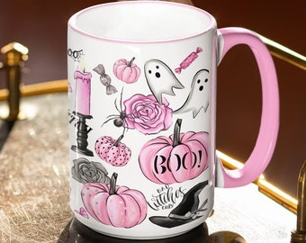 Pink Gothic Halloween Mug, Pink Pumpkins, Witch Mug, Boo Coffee Cup, Gifts for her, Witch Please, Spooky Ghost, Skull Mug, Halloween gift