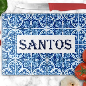 Personalized Glass Cutting Board, Portuguese Kitchen Decor, Mediterranean Tile, Charcuterie Housewarming Gifts, Blue Azulejo, Wedding gift