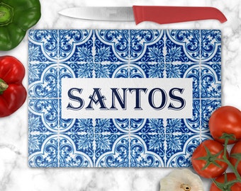Personalized Glass Cutting Board, Portuguese Kitchen Decor, Mediterranean Tile, Charcuterie Housewarming Gifts, Blue Azulejo, Wedding gift