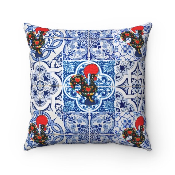 Portuguese Barcelos Rooster Pillow, Azulejo Tiles, Portugal Gifts, Home Decor, Pillow Cover, Pillow case, Blue Tiles, Gifts for home, Galo