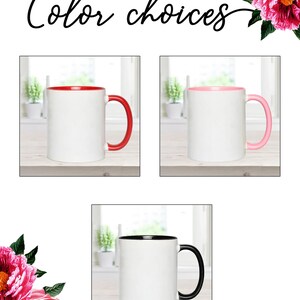 May include: Three white ceramic mugs with different coloured inside and handle options. The mugs are on a wooden surface. The colours are red, pink, and black.