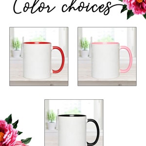 May include: Three white ceramic mugs with different coloured inside and handle options. The mugs are on a wooden surface. The colours are red, pink, and black.