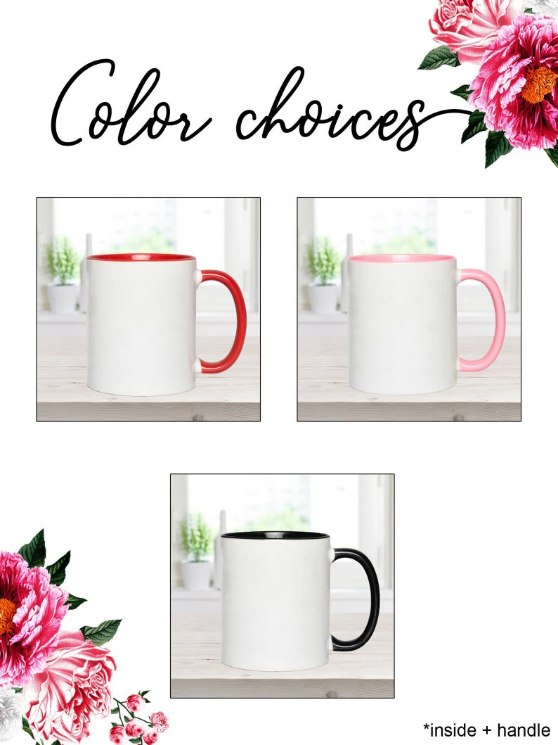 May include: Three white ceramic mugs with different coloured inside and handle options. The mugs are on a wooden surface. The colours are red, pink, and black.