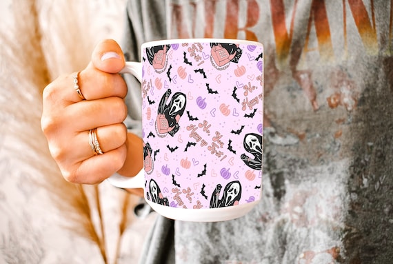 Pink Halloween mug,Pastel halloween,Ghost mug,Scary movie mug,Horror movie fan,Horror lover gift,Purple Halloween,Retro bats mug,Spooky mug