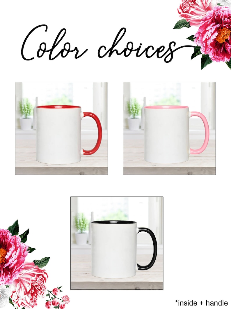 May include: Three white ceramic mugs with different colored inside and handle options. The mugs are on a wooden surface. The colors are red, pink, and black.