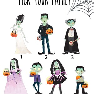 Może przedstawiać: Wybierz swoją rodzinę! Drukowalna aktywność o tematyce Halloween z siedmioma r&oacute;żnymi postaciami: panną młodą, panem młodym, wampirem, księżniczką, potworem, czarownicą i zombie. Każda postać trzyma dynię.