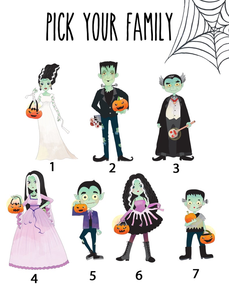 Może przedstawiać: Wybierz swoją rodzinę! Drukowalna aktywność o tematyce Halloween z siedmioma r&oacute;żnymi postaciami: panną młodą, panem młodym, wampirem, księżniczką, potworem, czarownicą i zombie. Każda postać trzyma dynię.