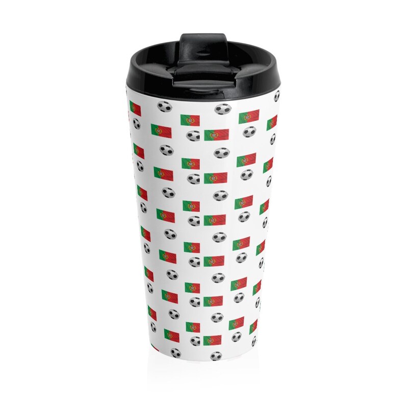 May include: White travel mug with a repeating pattern of soccer balls and the Portuguese flag.
