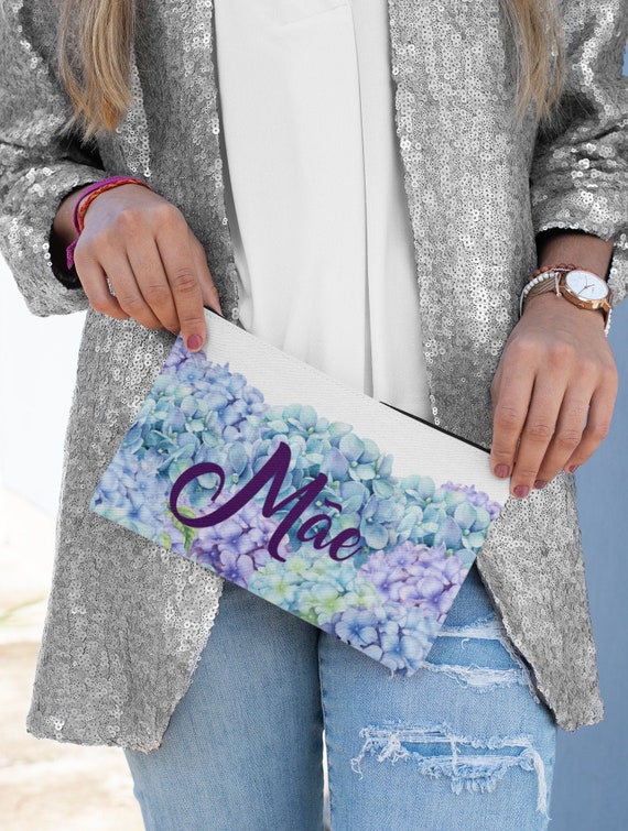 Portuguese Mom Makeup Bag, Mae Cosmetic Clutch, Mother's Day Gifts, Blue Purple Hydrangea Makeup Pouch, Floral Change Purse, Gifts Mom