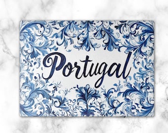 Portugal-Inspired Cutting Board | Hand-Painted Blue & White Floral Tile Design |  Kitchen Decor, Gift Idea, Glass cutting board