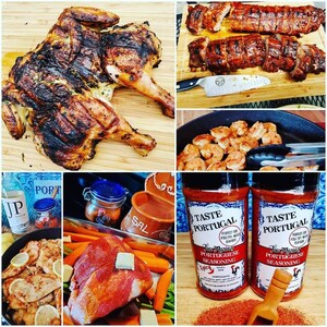 May include: A collage of images featuring various food items, including a roasted chicken, pork loin, shrimp, and a roasted pork shoulder. The images also include two bottles of Portuguese seasoning, one with the text "Taste Portugal" and the other with the text "To Movie".