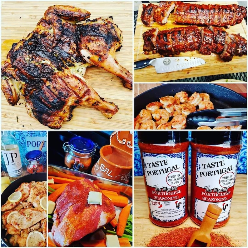 May include: A collage of images featuring various food items, including a roasted chicken, pork loin, shrimp, and a roasted pork shoulder. The images also include two bottles of Portuguese seasoning, one with the text "Taste Portugal" and the other with the text "To Movie".