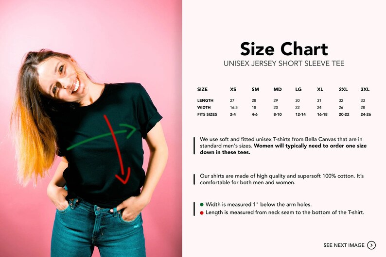 Puede incluir: Tabla de tallas para una camiseta de manga corta de punto unisex. La tabla muestra la longitud, el ancho y las tallas de hombre US correspondientes para XS, SM, MD, LG, XL, 2XL y 3XL. La tabla tambi&eacute;n incluye una nota que indica que las mujeres pueden necesitar pedir una talla menos.