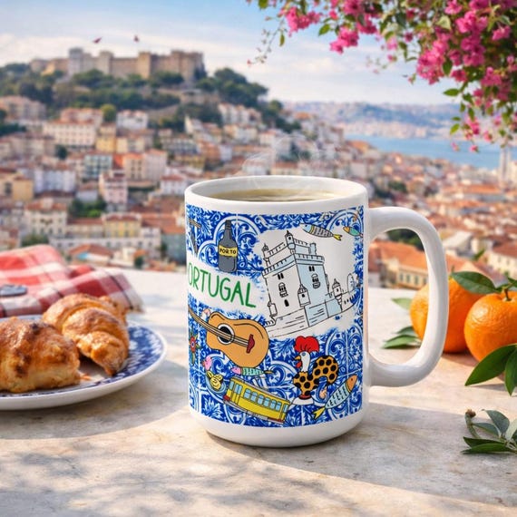 Portuguese Tile Mug, Portugal Cities, Lisbon Porto, 15oz