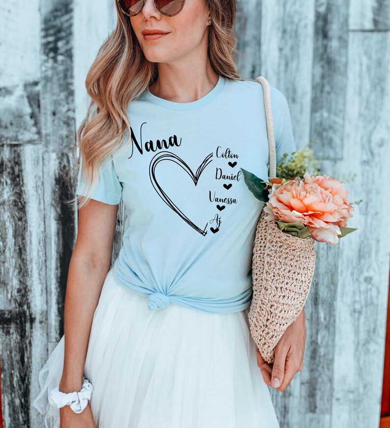 Custom Grandma tshirt, Portuguese Vovo shirt, Mothers day shirt for Grandmother, Best Nana shirt, Gigi tshirt, Grandkids tshirt with names Heather Ice Blue