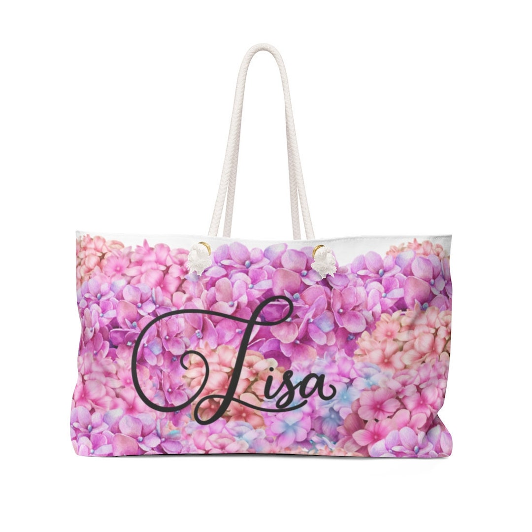 Personalized Hydrangea Tote, Pink Hydrangeas Weekender Bag
