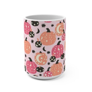 Pink pumpkin mug, Fall mug, Halloween coffee cup, Halloween lover, Spooky season mug, Witchy moon mug, Celestial witch mug, Black pumpkins image 4