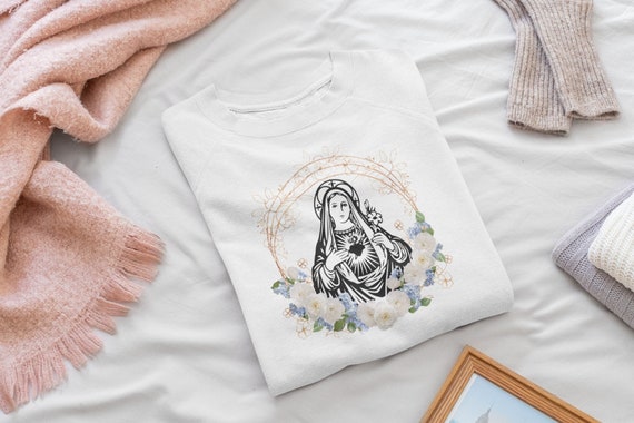 Virgin Mary Sweatshirt, Floral Sweater, Religious Sweatshirt, Catholic Gifts, Christian Gifts, Inspirational Top, Spiritual Sweatshirt
