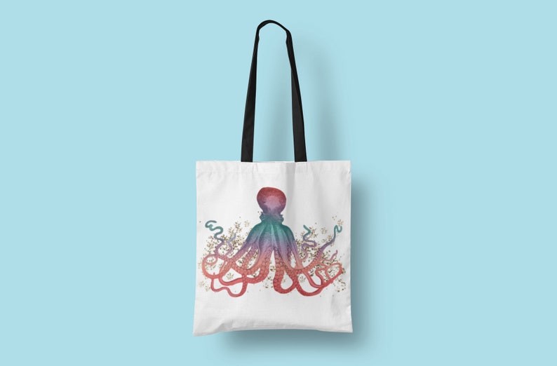 Glitter Shopping tote Octopus Tote Multipurpose Reusable Bag Sealife ocean bag Gift ocean lover Large purse Beach bag Marine life
