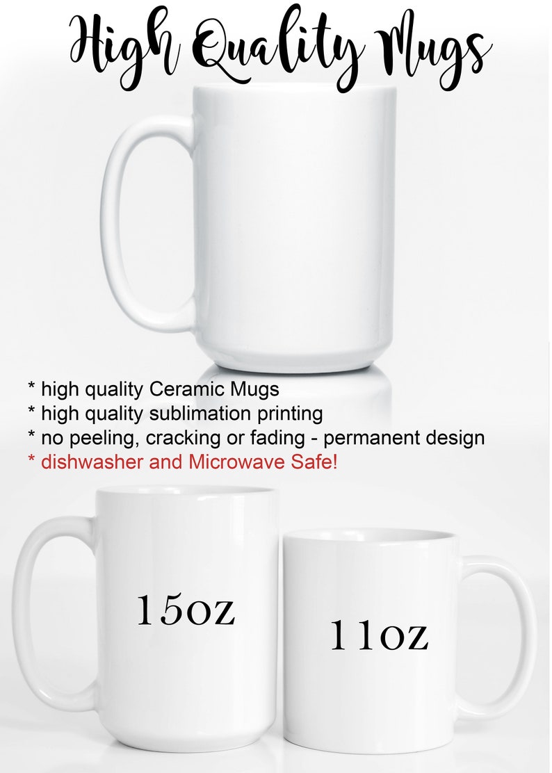 May include: Two white ceramic mugs, one 15 ounce and one 11 ounce. Both mugs are dishwasher and microwave safe.