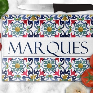 Portugal Blue Red Azulejo Glass Cutting Board, Kitchen Decor, Bridal Gift, Spanish Mediterranean Tiles, Housewarming Gift, Decorative tray
