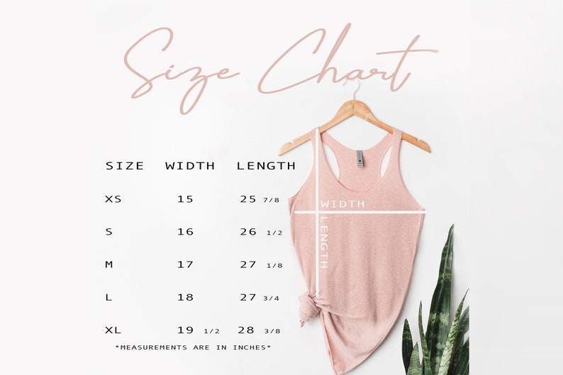 Op de afbeelding: Maattabel voor een roze tanktop met afmetingen in inches. De tabel toont de maat, breedte en lengte van de tanktop in de maten XS, S, M, L en XL.