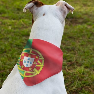 May include: A white dog with brown markings wearing a red bandana featuring the Portuguese flag. The bandana is square-shaped with a green and red border and a central emblem.