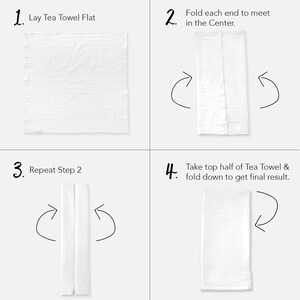 May include: A step-by-step guide on how to fold a tea towel into a triangle shape. The instructions are numbered 1 through 4 and show the towel being folded in half, then in half again, and finally folded down to create a triangle.