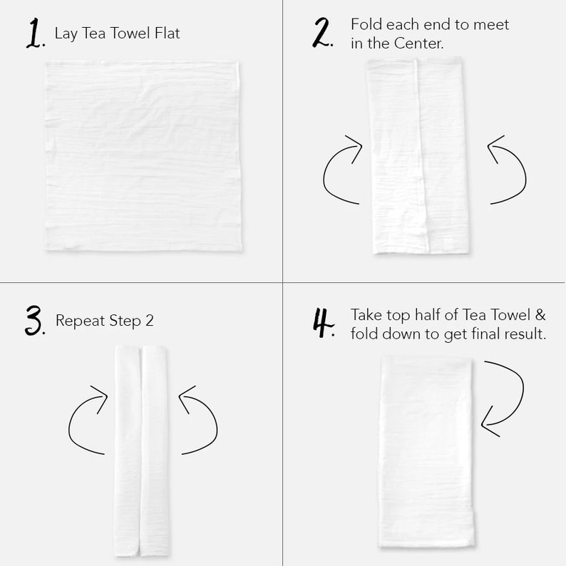 May include: A step-by-step guide on how to fold a tea towel into a triangle shape. The instructions are numbered 1 through 4 and show the towel being folded in half, then in half again, and finally folded down to create a triangle.