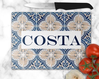 Personalized Glass Cutting Board, Portuguese Kitchen Decor, Mediterranean Tiles, Housewarming Gift, Decorative tray, Portugal Blue Azulejo