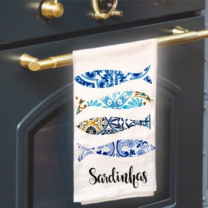Portuguese Sardines Tea Towel, Mediterranean Kitchen Dish Towel, Fish Flour Sack, Portuguese Decor, Portugal Gifts, Blue Azulejos Decor